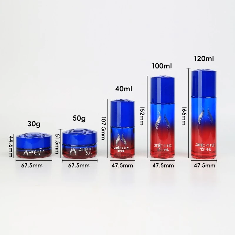 Custom Luxury Gradient Blue And Red Glass Cosmetic Packaging Set Lotion Bottle Cream Jar For High End Skincare Brands factory