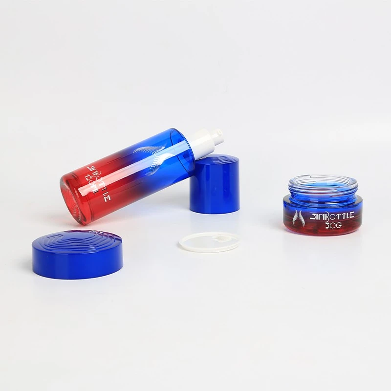 Custom Luxury Gradient Blue And Red Glass Cosmetic Packaging Set Lotion Bottle Cream Jar For High End Skincare Brands price