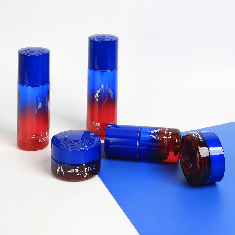 Custom Luxury Gradient Blue And Red Glass Cosmetic Packaging Set Lotion Bottle Cream Jar For High End Skincare Brands best